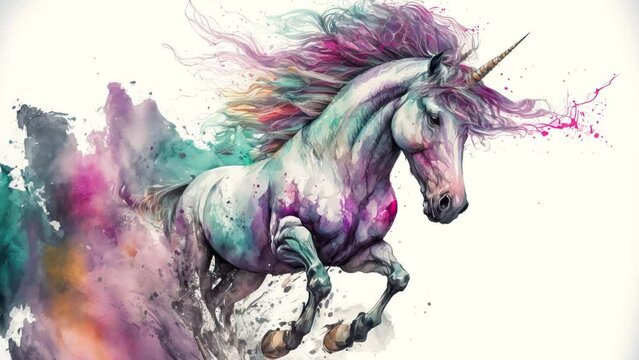 Cinemagraph of running unicorn in the style of aquarelle, ai generated
