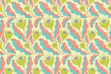 Seamless floral pattern in the style of pointillism. Polka dot ornament. Vector illustration.