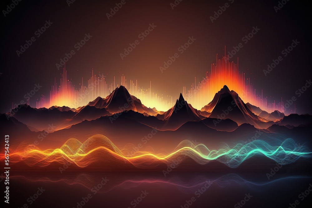 Poster Abstract landscape Sound waves. Frequency audio waveform, music wave HUD interface elements, voice graph signal cyberpunk, Generative ai	