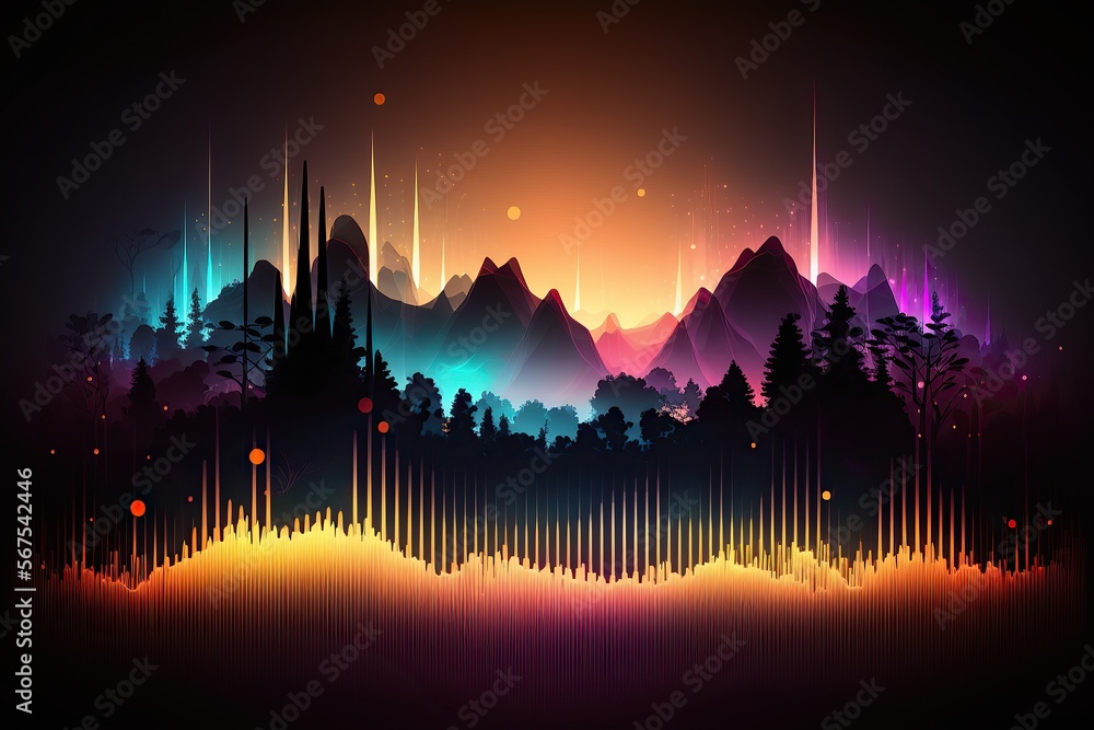 Poster abstract landscape sound waves. frequency audio waveform, music wave hud interface elements, voice g