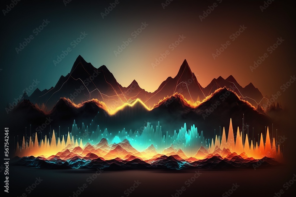 Poster Abstract landscape Sound waves. Frequency audio waveform, music wave HUD interface elements, voice graph signal cyberpunk, Generative ai	