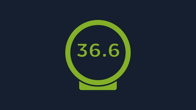 Yellow Medical thermometer showing normal temperature icon isolated on blue background. 4K Video motion graphic animation
