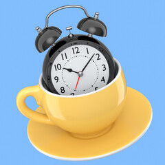 Vintage alarm clock with ceramic coffee cup on blue background.