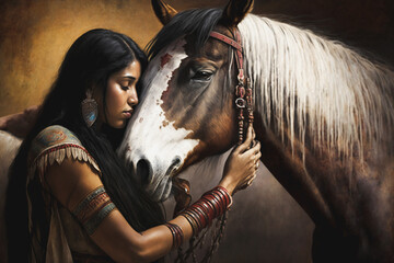 Native American woman embracing her horse. Generative AI