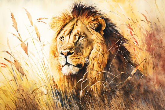 Large African male lion in tall savanna grass. Generative AI