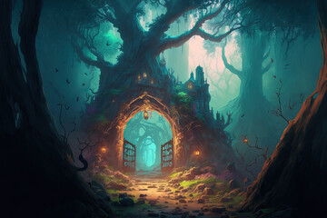 Elven kingdom and an ancient fantastical surreal magical woodland. Digital paintings for concept art, backdrop wallpaper, and book illustrations. Generative AI