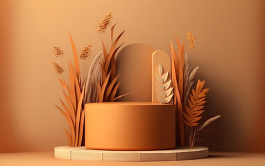 Golden pastel background for beauty products with a podium and a pedestal for product photography. Ideal shapes to highlight the merits of your product or logo. Based on Generative AI