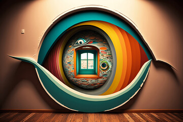 Abstract Colorful Vivid Eye Shaped Art Painting On The Wall, Living Room, Window