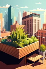 cartoon illustration, urban outdoor rooftop garden, building roof terrace ai generative
