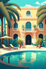 cartoon illustration, outdoor swimming pool in a hotel and sun loungers by the empty pool, ai generative