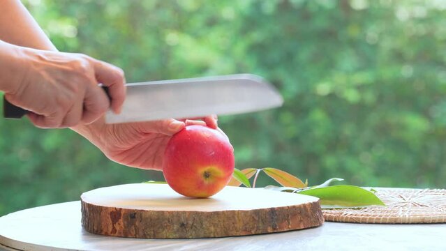 Gardeners sliced Fresh Honey core Apple over blur greenery background, Red Honey core Apple over green natural Blur background.