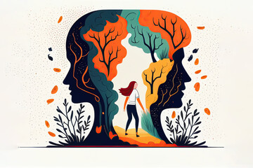 Created with Generative AI technology. Woman walking in forest between two faces. Choosing gender or self identity concept