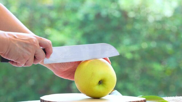 Gardeners sliced Fresh Green Meigetsu apple over blur greenery background, Green Honey Apple over green natural Blur background.