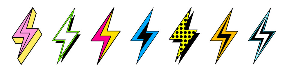 Lightning bolt signs design. Abstract electricity icons. Electric voltage and energy charge. Vector illustration isolated on white background.