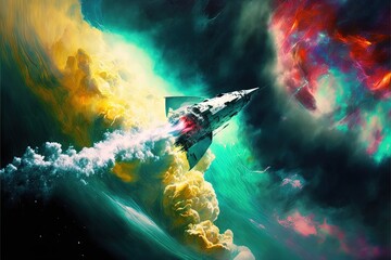 A ghost spacecraft sailing into a space storm, Generative AI