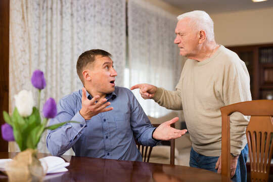 Senior man and his adult son quarreling at home