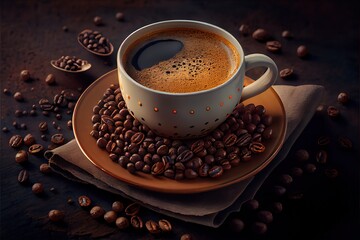 A cup of espresso coffee with coffee beans, Generative AI