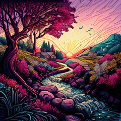 Countryside watercolour splashes lanscape with flowers, Generative AI