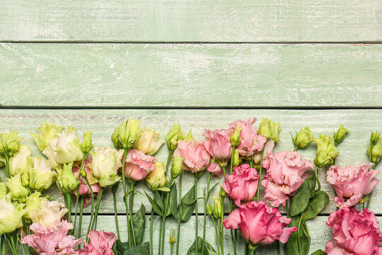 Beautiful eustoma flowers on color wooden background