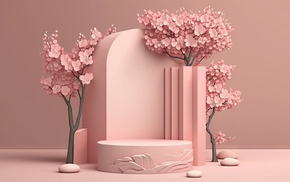 Pastel background for beauty products with a podium and a pedestal for product photography. Ideal shapes to highlight the merits of your product or logo. Based on Generative AI