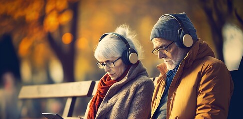 Fototapeta na wymiar Senior couple listening to music with headphones and tablet while seated on park bench. Realistic Generative AI illustration