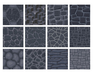 Cartoon game textures, rocks, dirt and ground surface seamless patterns. Game assets walls and environment backgrounds
