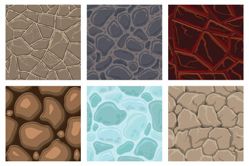 Cartoon game textures, lava, ice, rocks and brick, dirt and ground surface seamless patterns. Game assets walls and environment backgrounds