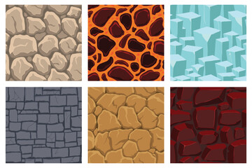 Cartoon game textures, lava, ice, rocks and brick, dirt and ground surface seamless patterns. Game assets walls and environment backgrounds