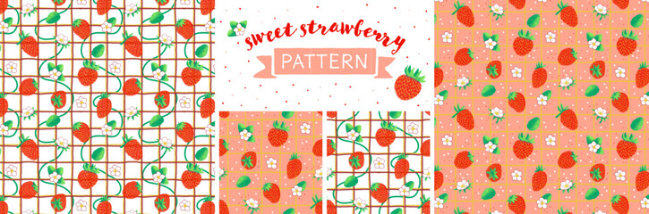 Seamless pattern set. Sweet strawberry pattern. Summer strawberries illustration in the fresh colour pallet. Strawberries, leaves and flowers on a checkered background.