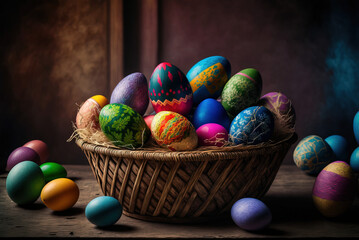 Fototapeta na wymiar A basket filled with colorful Easter Eggs on top of a wooden table. Generative AI.