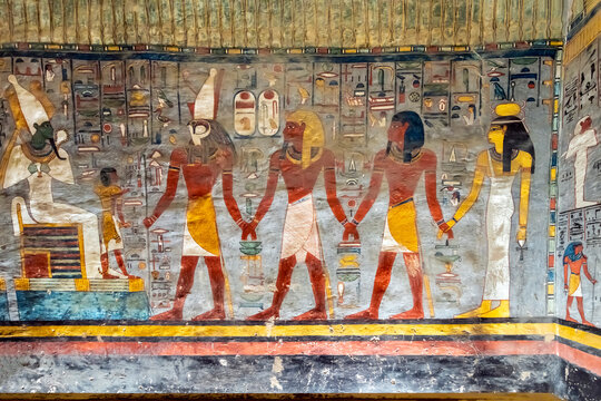 General view of a detail from one of the walls in Tomb KV16, the tomb of Rameses l, depicting Rameses, Horus, Osiris, Atum and Neiht in the Valley of the Kings, Luxor, Egypt on November 17 2022.