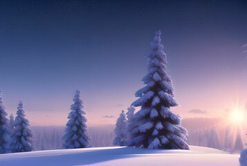 A cool snowy landscape, fir trees, early morning, Generative AI