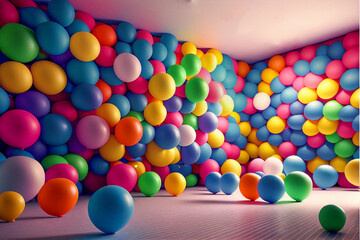 Fototapeta na wymiar A creative corner full of different coloured balloons floating in the room. Kids play. Generative ai