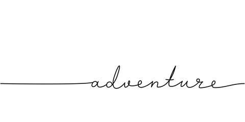 Adventure word - continuous one line with word. Minimalistic drawing of phrase illustration.