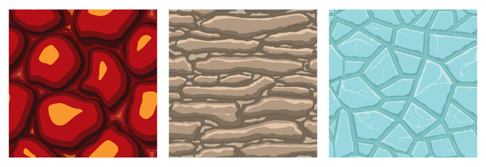 Cartoon game textures, lava, ice, rocks and brick, dirt and ground surface seamless patterns. Game assets walls and environment backgrounds