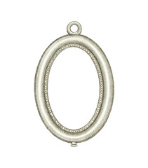 Fototapeta premium Watercolor vintage antique silver oval frame pendant with empty space isolated on white background. Hand drawn illustration sketch