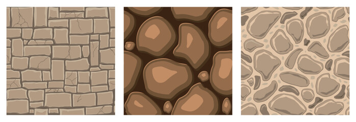 Cartoon game textures, rocks, dirt and ground surface seamless patterns. Game assets walls and environment backgrounds