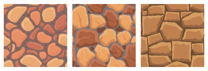 Cartoon game textures, rocks, dirt and ground surface seamless patterns. Game assets walls and environment backgrounds