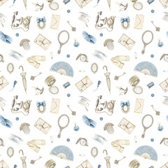 Seamless pattern with many female varied white and blue antique things isolated on white background. Watercolor hand drawn illustration sketch