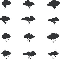 Collection of vector silhouettes of thunder rain clouds snow