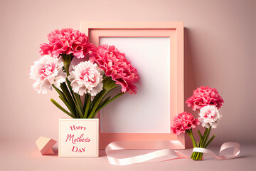 Mother's Day greeting card with pink carnations. 3D rendering. Generative AI