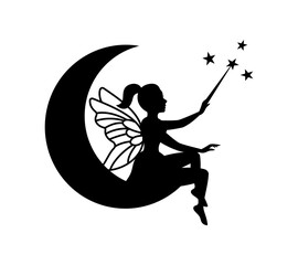 Fairy sitting on the moon silhouette. Little creature with wings. Magical fairy creature logo. Mythical tale character in dress