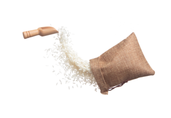 Japanese Rice in sack bag flying explosion, white grain rices fall abstract fly. Beautiful complete seed rice bag splash in air, food object design. White background isolated, high speed freeze motion