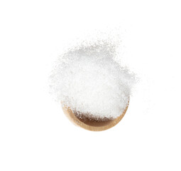 Pure refined Sugar in wooden bowl flying spinning, white crystal sugar fall abstract fly. Pure refined sugar swirl in air, food object design. white background isolated high speed freeze motion