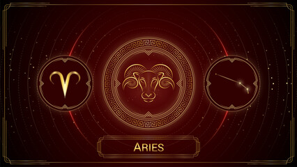 Ram-Goat Aries Zodiac Sign, Symbol, Stellar Star Constellation, Classic Greek Meander Wheel, Horoscope and Astrology, Fortune-Telling, Stellar Backdrop Background