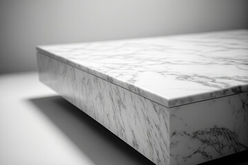 Depth of field viewpoint, high key, marble tabletop on white background. Generative AI