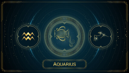 Water-Bearer Aquarius Zodiac Sign, Symbol, Stellar Star Constellation, Classic Greek Meander Wheel, Horoscope and Astrology, Fortune-Telling, Stellar Backdrop Background