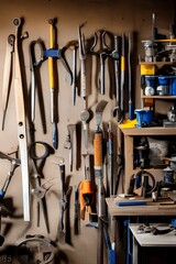 Workshop scene. Old tools hanging on the wall in the workshop, table and tool rack against the wall, vintage garage style - generative ai