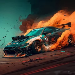 Fototapete Autos burning car in the desert