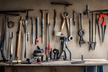 Workshop scene. Old tools hanging on the wall in the workshop, table and tool rack against the wall, vintage garage style - generative ai